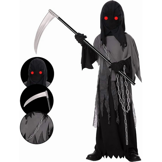 Kids Grim Reaper Costume with Glowing Red Eyes, Halloween Phantom Outfit Includes Scythe & Gloves