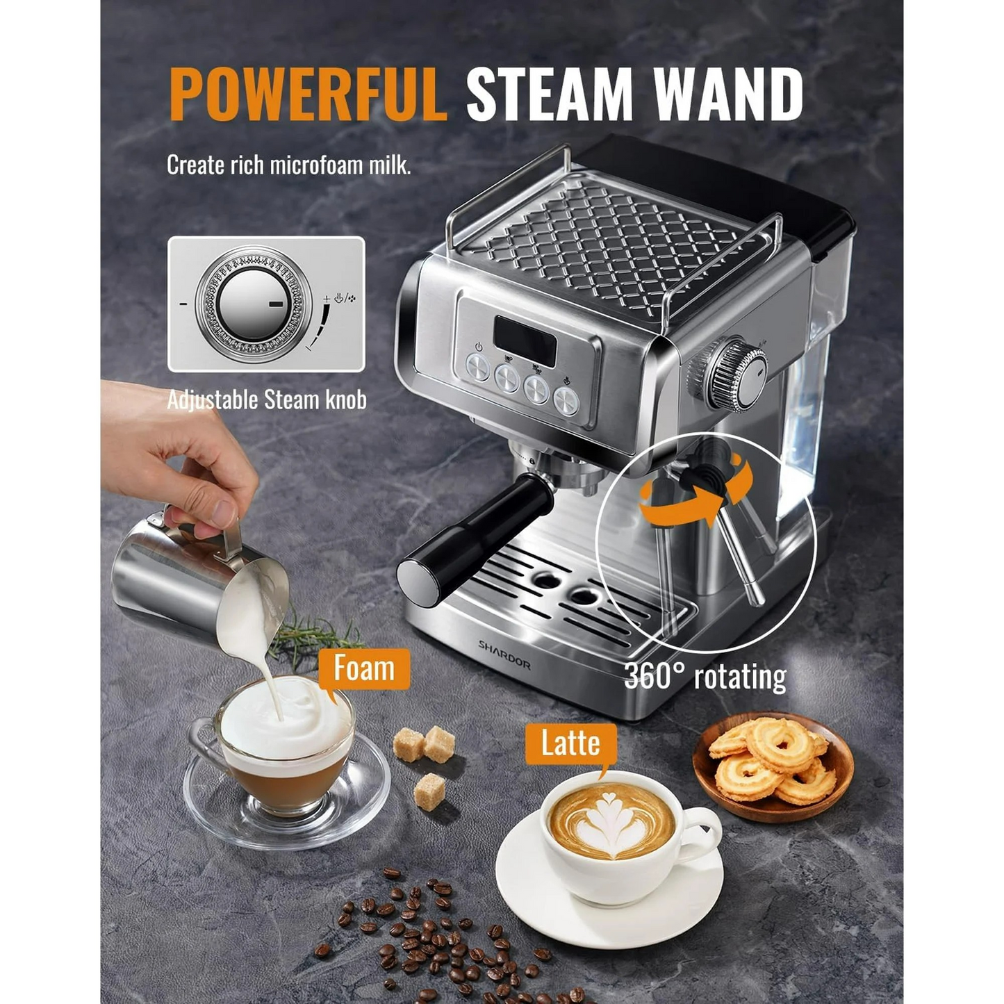 GDOR 1350W Espresso Machine 20 Bar with Milk Frother Steam Wand, Professional Manual Latte & Cappuccino Maker for Home, 60 Oz Water Tank, Temperature Display, Stainless Steel