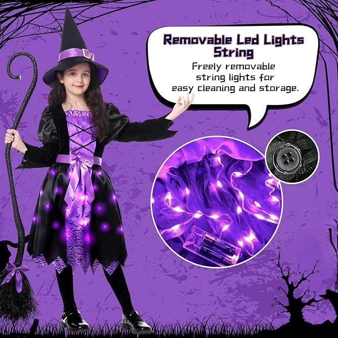 Halloween Girls Witch Costume, Toddler Witch Dress Light Up Set with Hat and Broom, Kids Costumes for Halloween Party