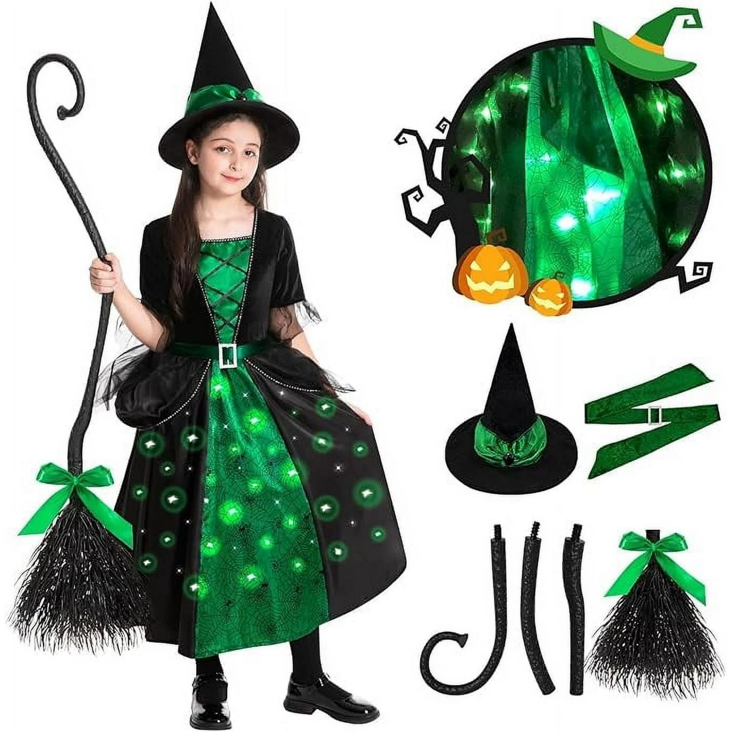 Girls Witch Halloween Costumes, Light Up Halloween Witch Dress with Broom and Hat for Kids Cosplay Party