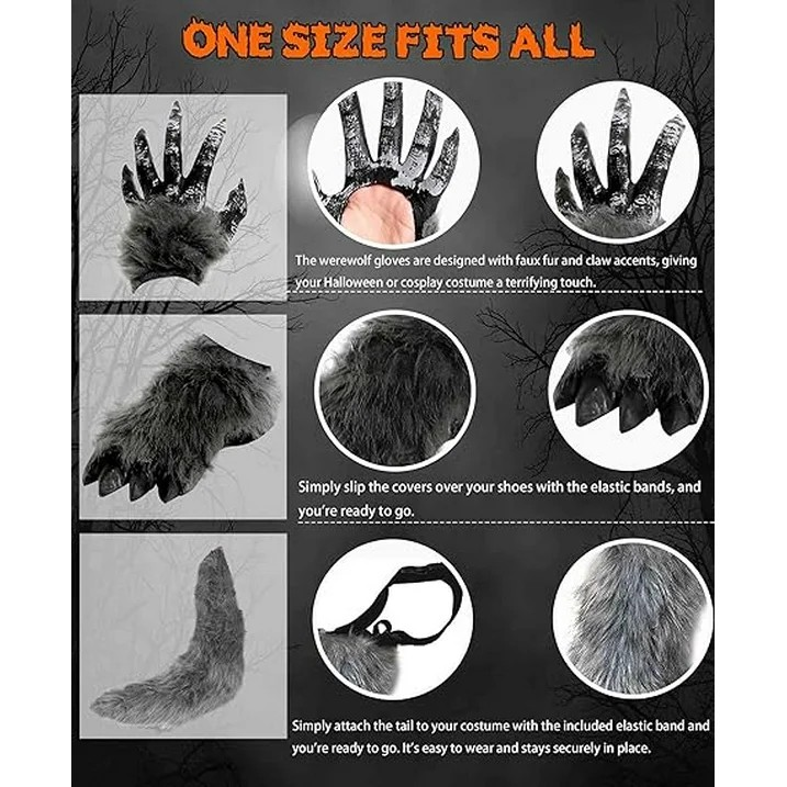 Boys Werewolf Costume with Light Up Mask - Full Set Gloves, Shoe Covers, Tail, Fangs