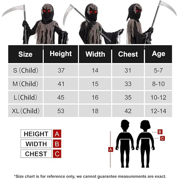 Kids Grim Reaper Costume with Glowing Red Eyes, Halloween Phantom Outfit Includes Scythe & Gloves