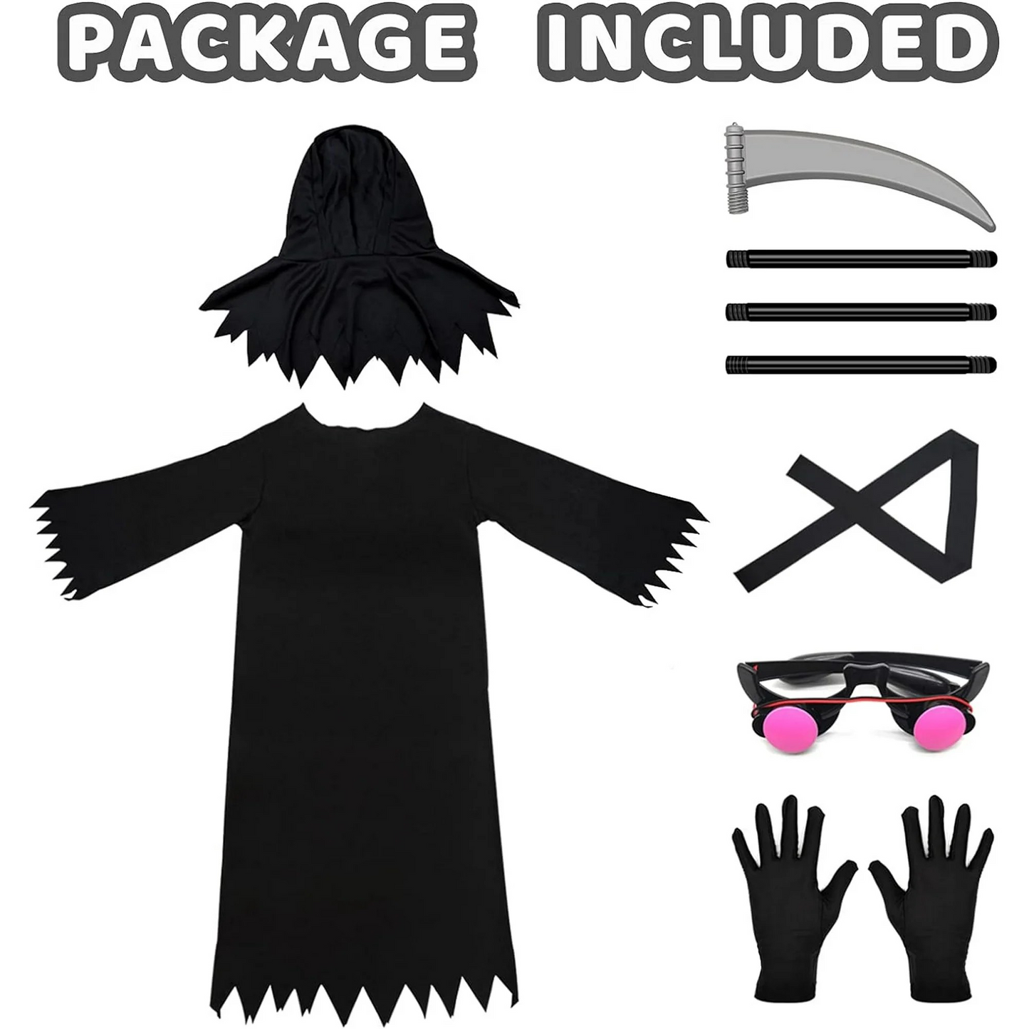 Adult Grim Reaper Costume with Glowing Red Eyes Halloween Scythe Set