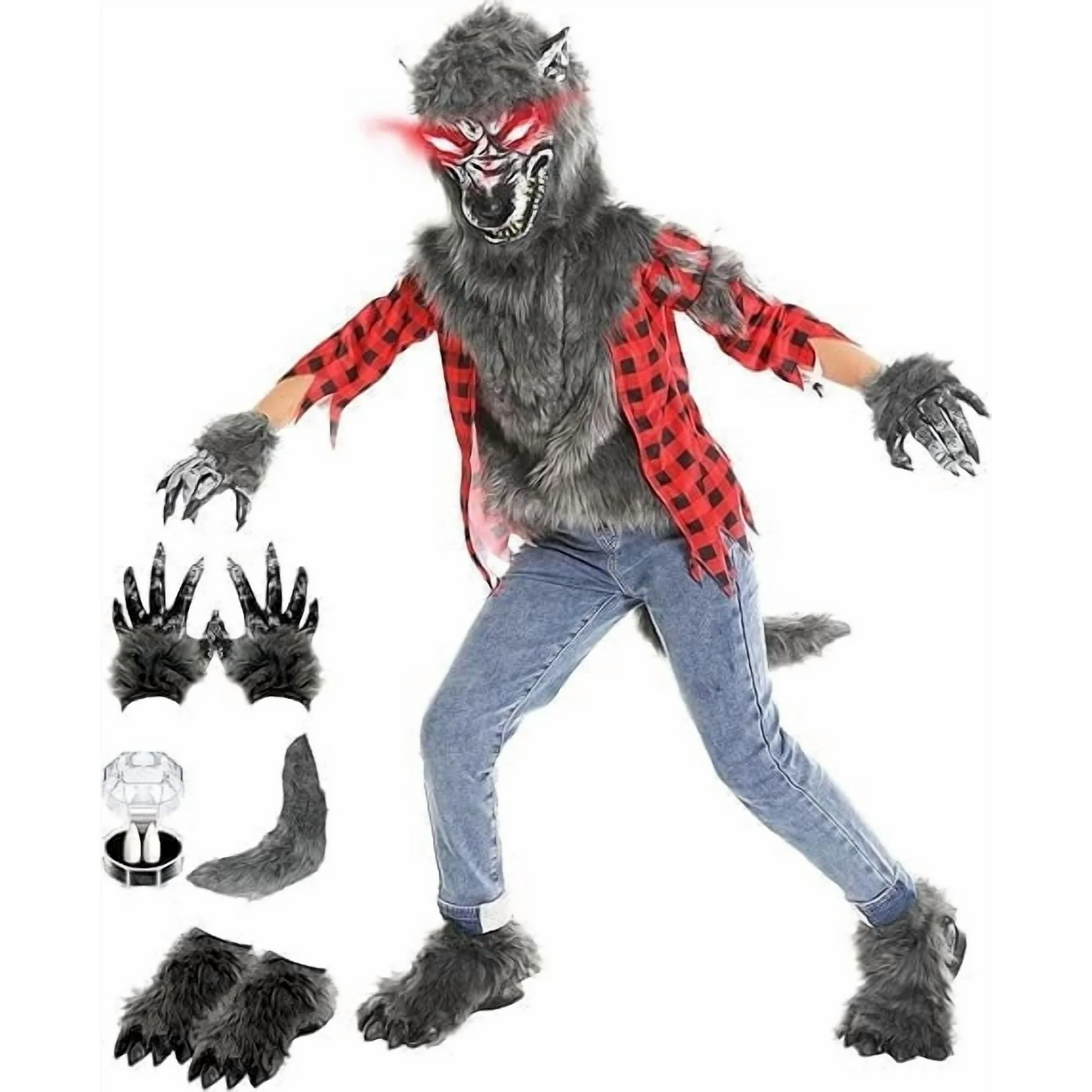 Boys Werewolf Costume with Light Up Mask - Full Set Gloves, Shoe Covers, Tail, Fangs