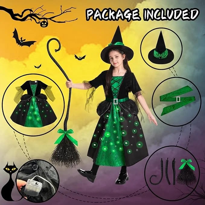 Girls Witch Halloween Costumes, Light Up Halloween Witch Dress with Broom and Hat for Kids Cosplay Party