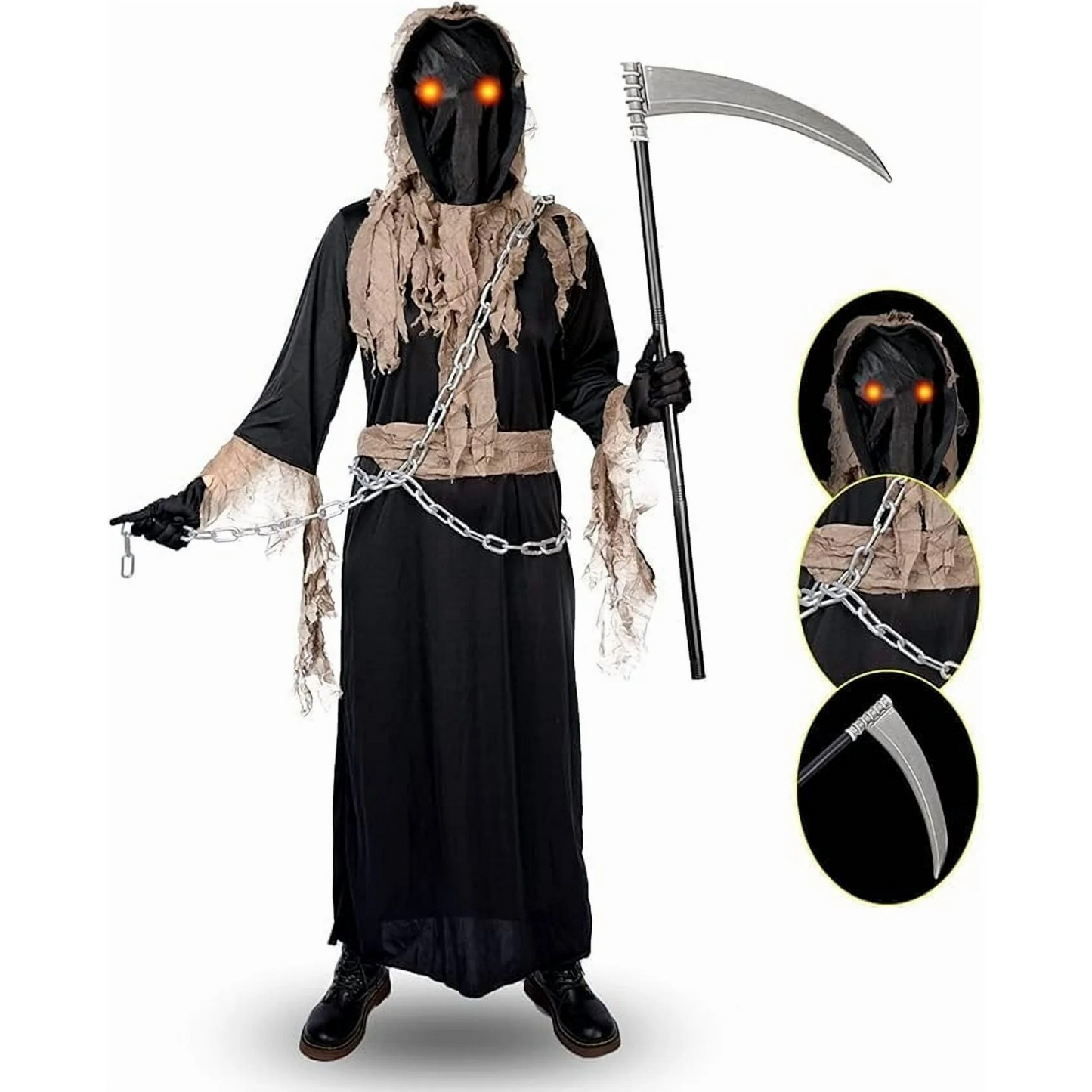 Kids Grim Reaper Costume with Glowing Red Eyes, Halloween Phantom Outfit Includes Scythe & Gloves